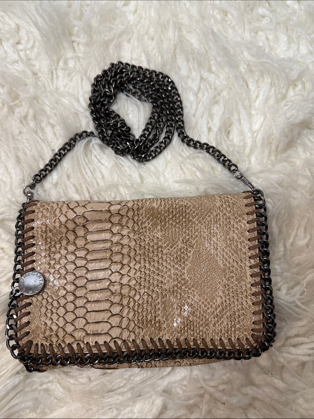 Stella McCartney Taupe Snake-Texture Crossbody Bag with Gunmetal Chain small